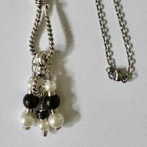Necklace handmade 3 tier dangle silver tone pearls black glass beads OOAK